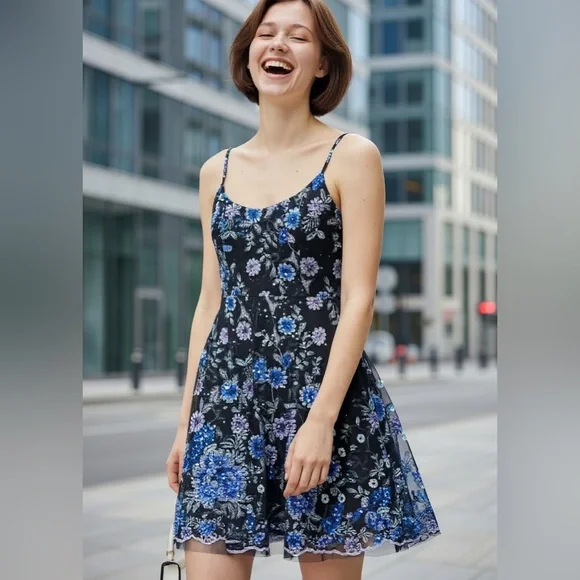 Dress the Population Floral Mini Dress in Black and Blue - Picture 1 of 10